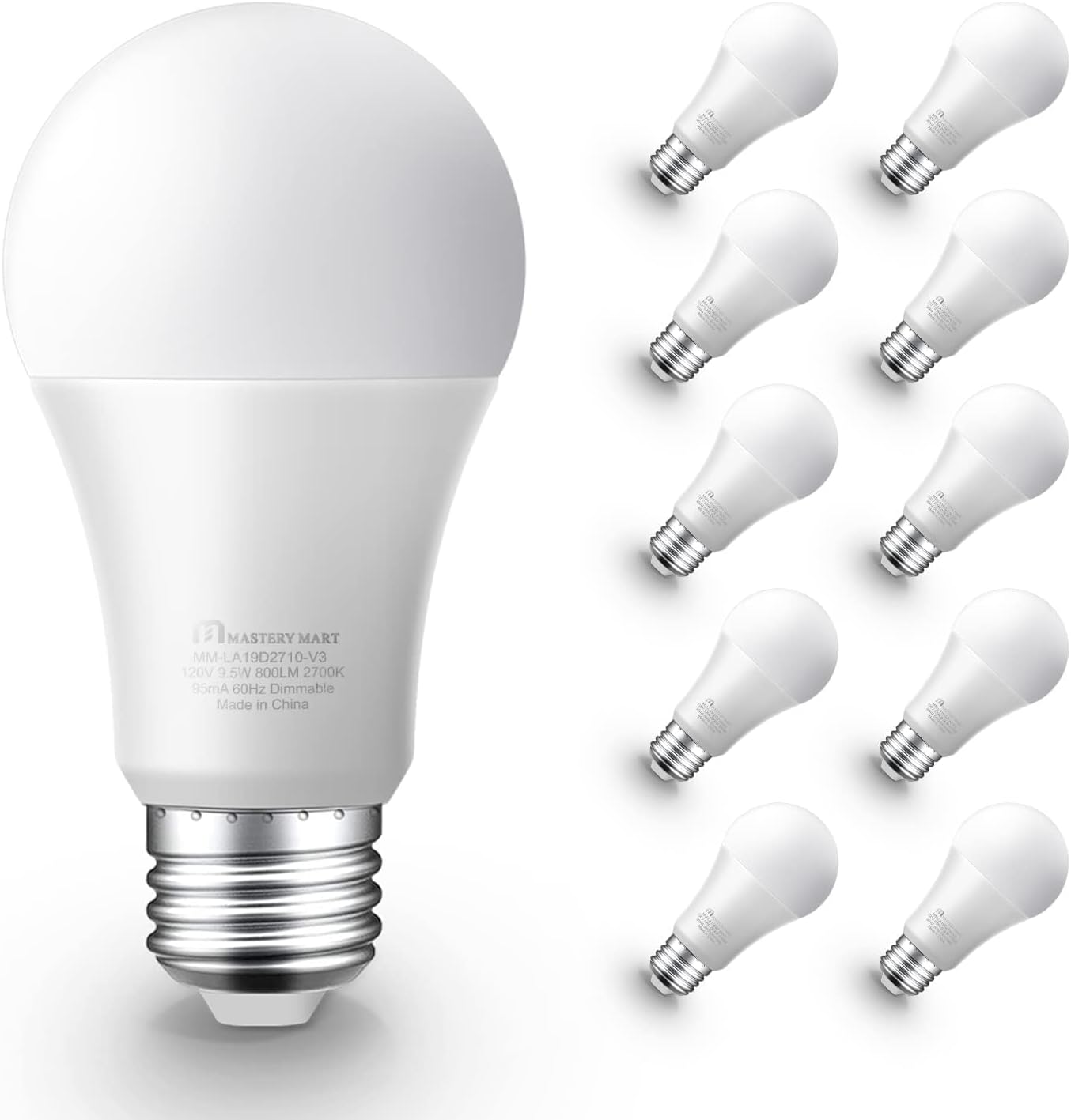 Mastery Mart A19 LED Light Bulbs 60W Equivalent, 9.5W Dimmable, Flicker-Free, 800 Lumens, 2700K Soft White, E26 Base, 15000 Hours, Energy Saving, Bright for Home, Bedroom, Living Room, 10 Pack