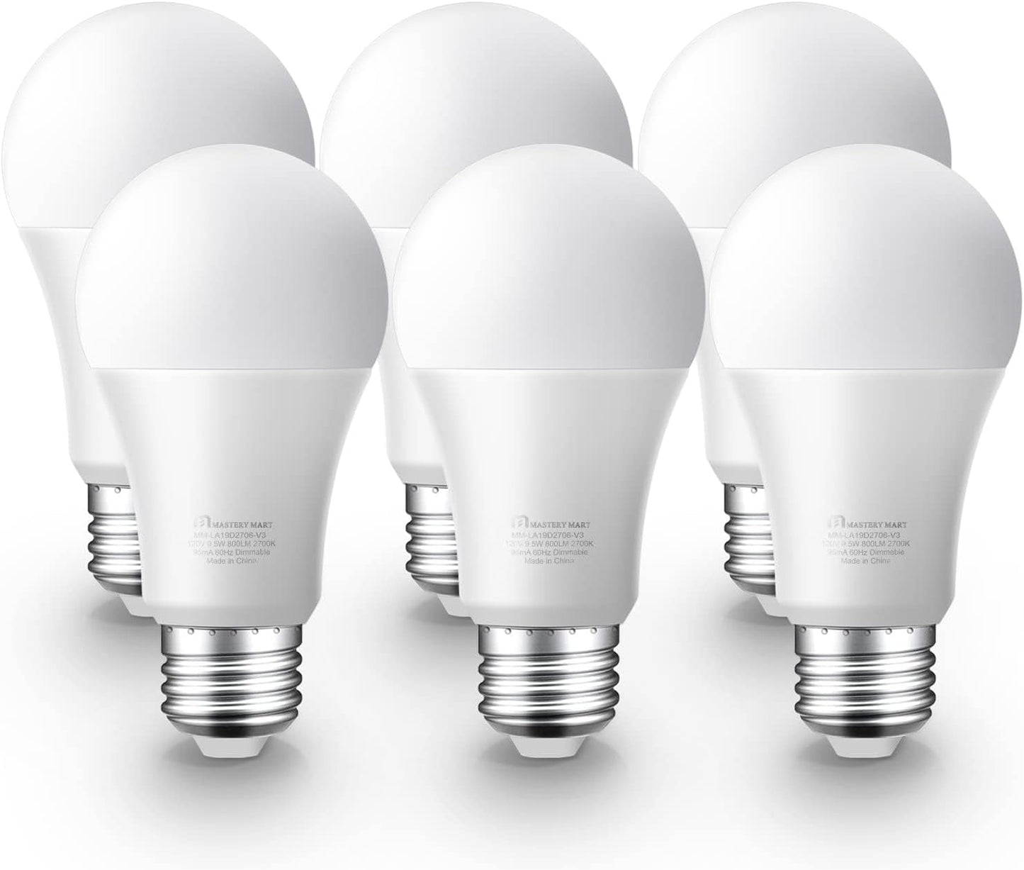 Mastery Mart A19 LED Light Bulbs 60W Equivalent, 9.5W Dimmable, Flicker-Free, 800 Lumens, 2700K Soft White, E26 Base, 15000 Hours, Energy Saving, Bright for Home, Bedroom, Living Room, 10 Pack