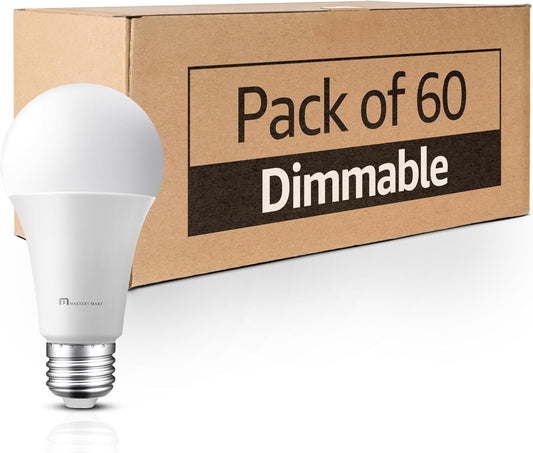 Mastery Mart Canada - 60 Packs of A19 LED Light Bulbs. 9.5W Dimmable, 800 Lumens, 2700K Soft White, E26 Base, EnergyStar certificated and UL listed