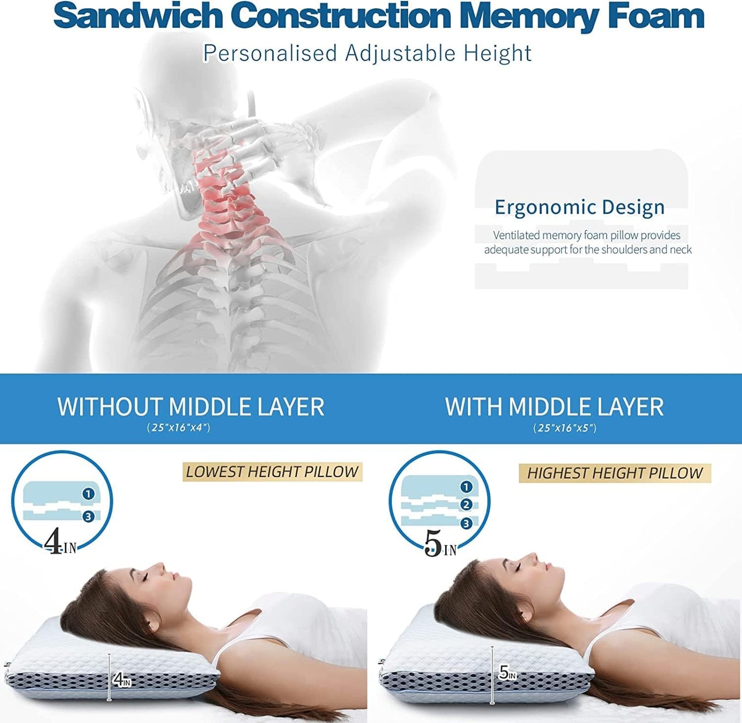 Mastery Mart Adjustable Firm Memory Foam Pillow, Cooling Gel – Queen Size (25 x 16)