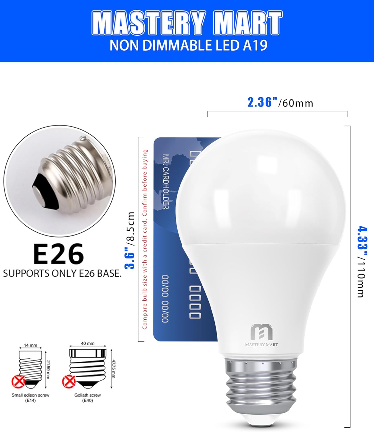Mastery Mart A19 LED Bulbs 60 Watt Equivalent, 9W Non-Dimmable, Flicker-Free, 800 Lumens, Daylight White 5000K, E26 Base, 10000 Hours, Energy Saving Certificated, Bedroom, 12 Pack