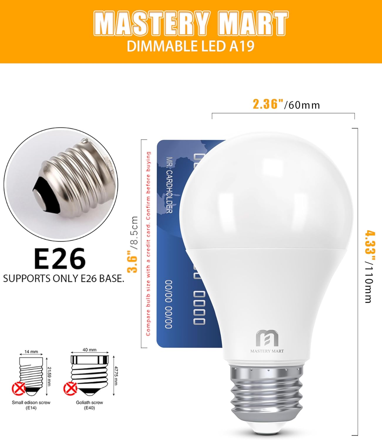 Mastery Mart A19 LED Light Bulbs 60W Equivalent, 9.5W Dimmable, Flicker-Free, 800 Lumens, 2700K Soft White, E26 Base, 15000 Hours, Energy Saving, Bright for Home, Bedroom, Living Room, 10 Pack