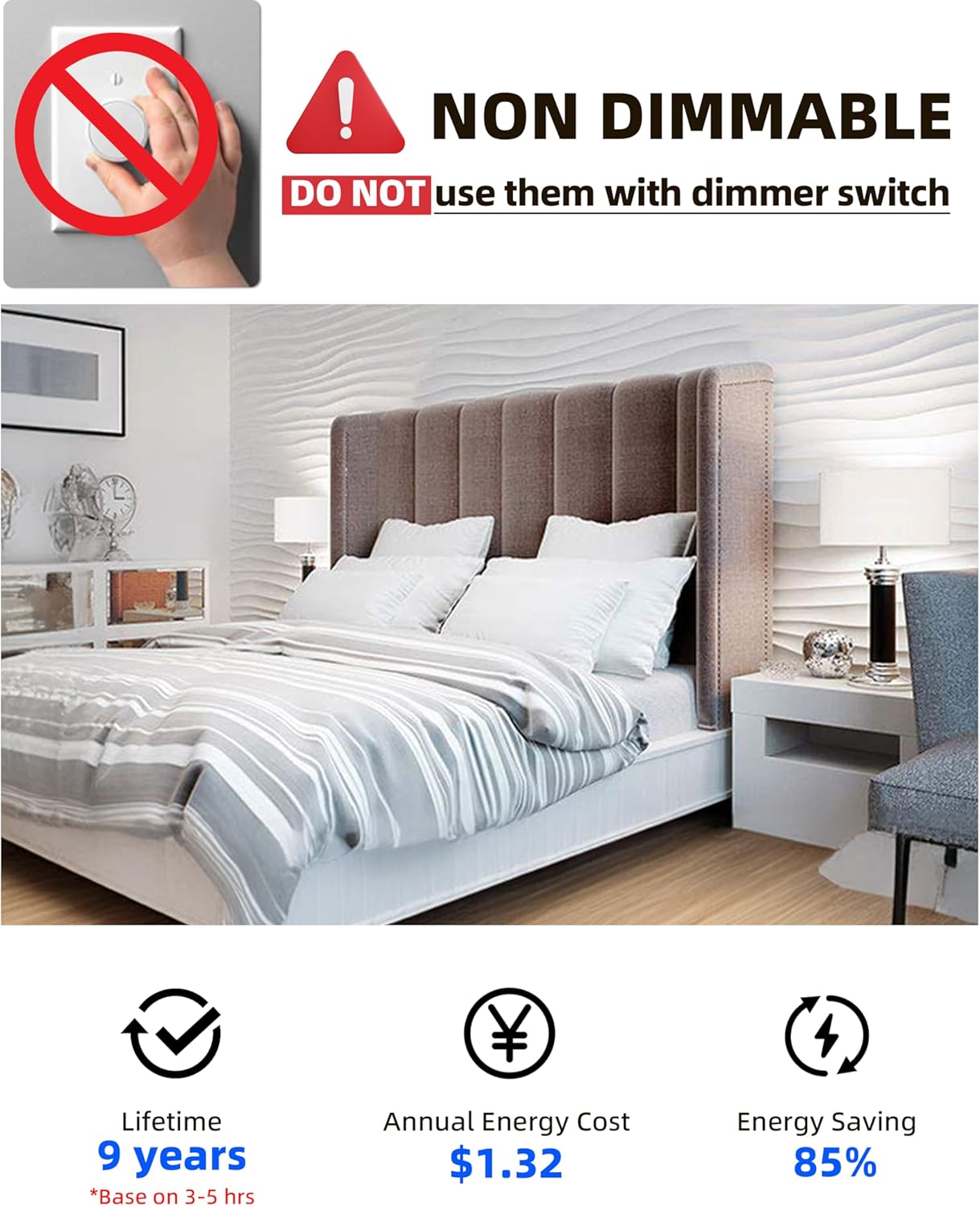 Mastery Mart A19 LED Bulbs 60 Watt Equivalent, 9W Non-Dimmable, Flicker-Free, 800 Lumens, Daylight White 5000K, E26 Base, 10000 Hours, Energy Saving Certificated, Bedroom, 12 Pack